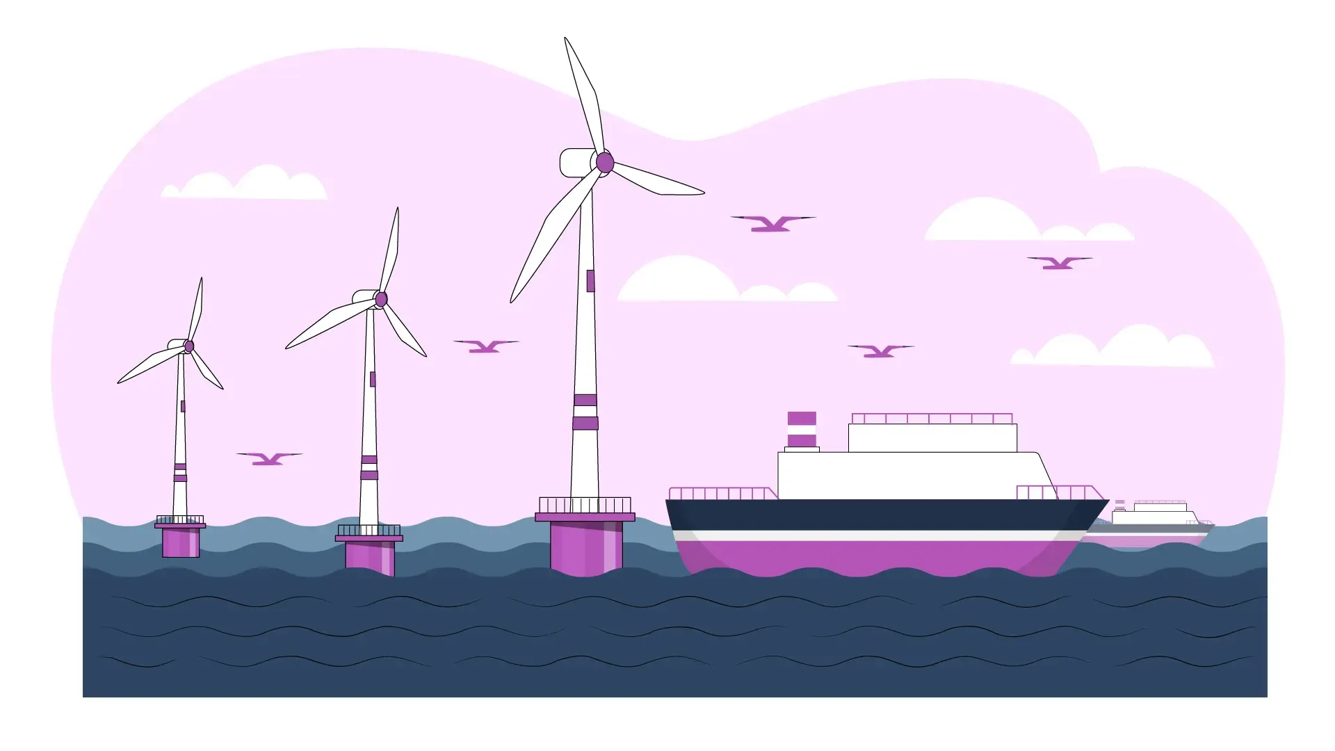 Sustainable Wind Power Farm at Sea Flat Vector Illustration